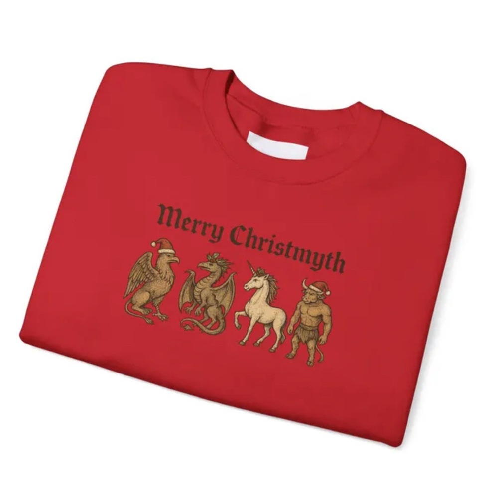 Red Merry Christmyth Medieval Monsters Cryptid Holiday Crewneck Sweater Sz S